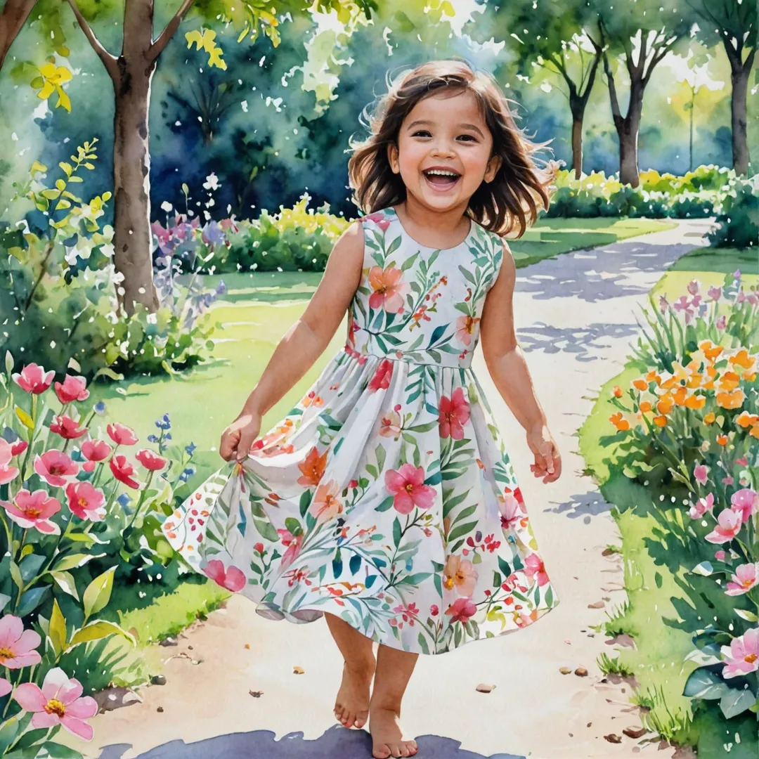 oung child playing in the park, surrounded by trees and flowers, laughing, wearing a cute dress.