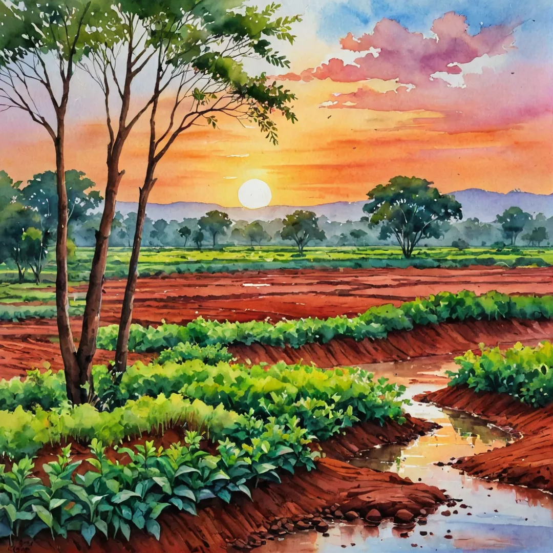 olorful sunset over a vibrant red soil landscape with green plants and trees, people enjoying the beauty of their eco-friendly habitat at Alita.