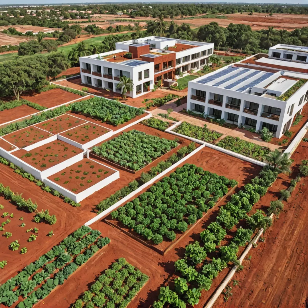 igh detailed image of a sustainable residential project surrounded by fertile red soils and natural beauty, showcasing a community workspace lounge with expansive open areas, harvesting pits for rainwater collection, and green spaces for agriculture.