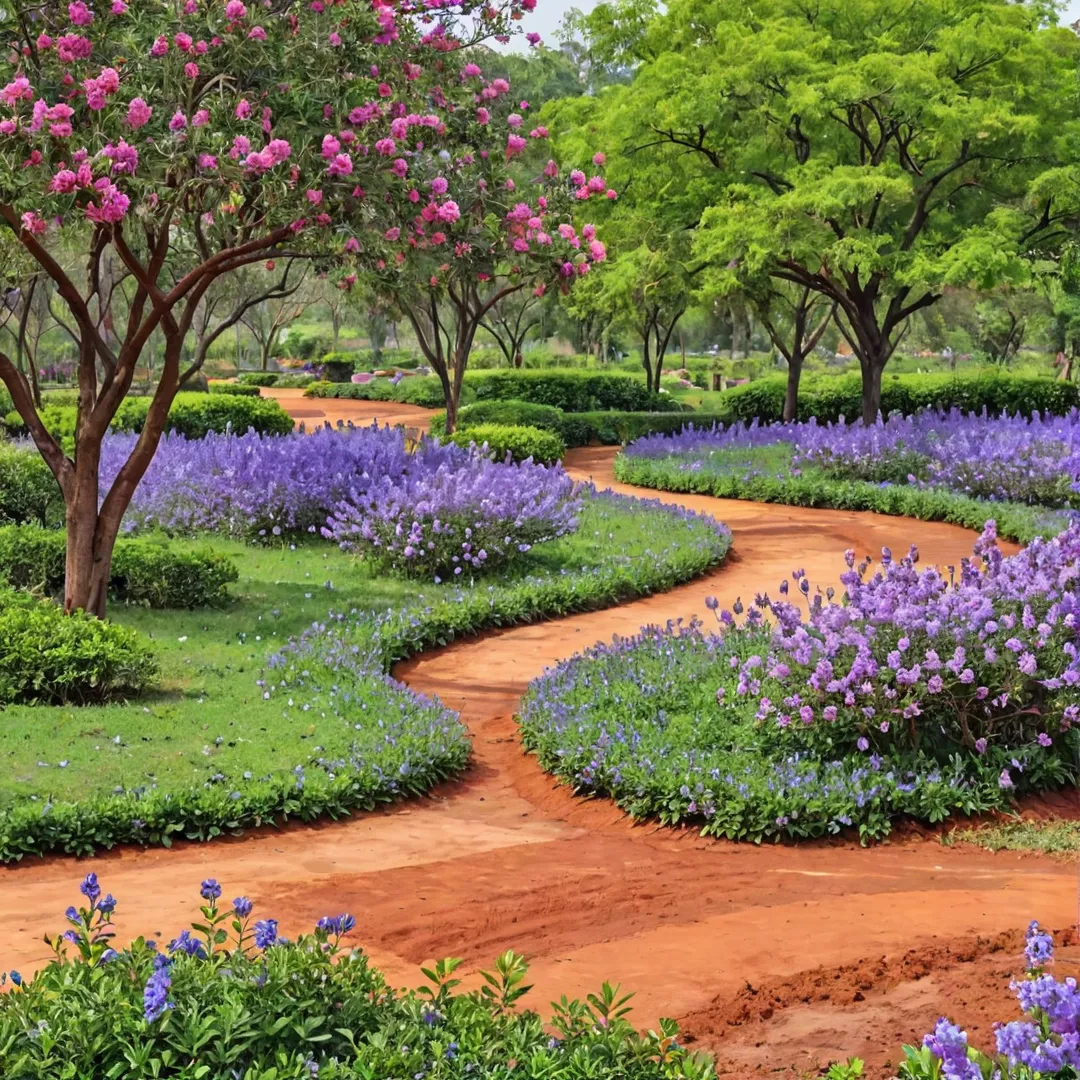 hoto of red soil landscape with Jacaranda Mimosafolia trees, Lagerstroemia Speciosa flowers, and Purple Flowers in the background, providing a natural and colorful setting. The image should capture the beauty of Alita's sustainable residential project in Kacharakanahalli, Bangalore.