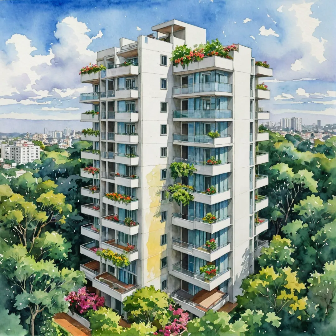 odern apartment building in Bangalore, surrounded by greenery, overlooking the city skyline, vibrant colors, luxurious interiors, balconies with plants and flowers.