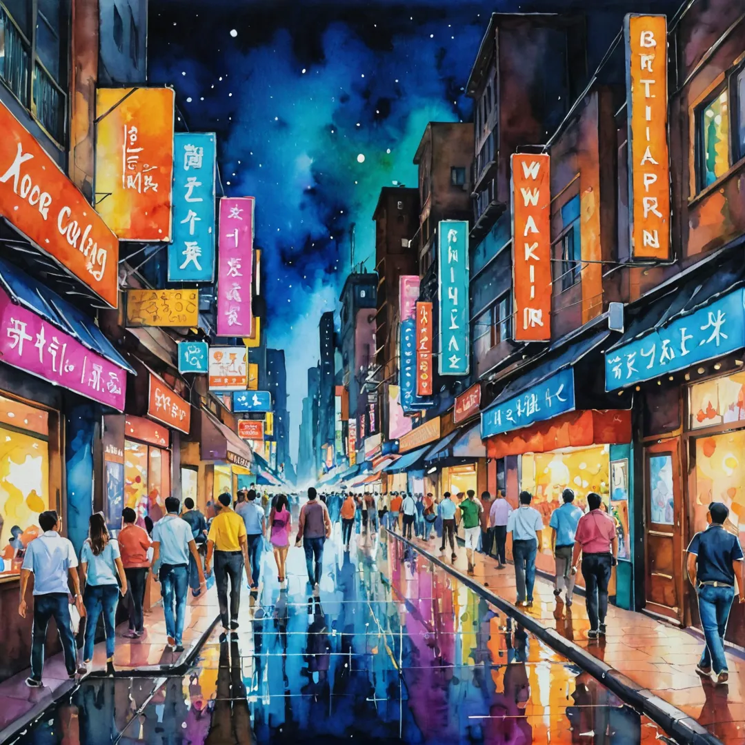 usy nightlife scene, vibrant colors, neon signs, people walking on the street, crowded sidewalks, popular restaurants and bars, modern architecture, entertainment district, energy, excitement