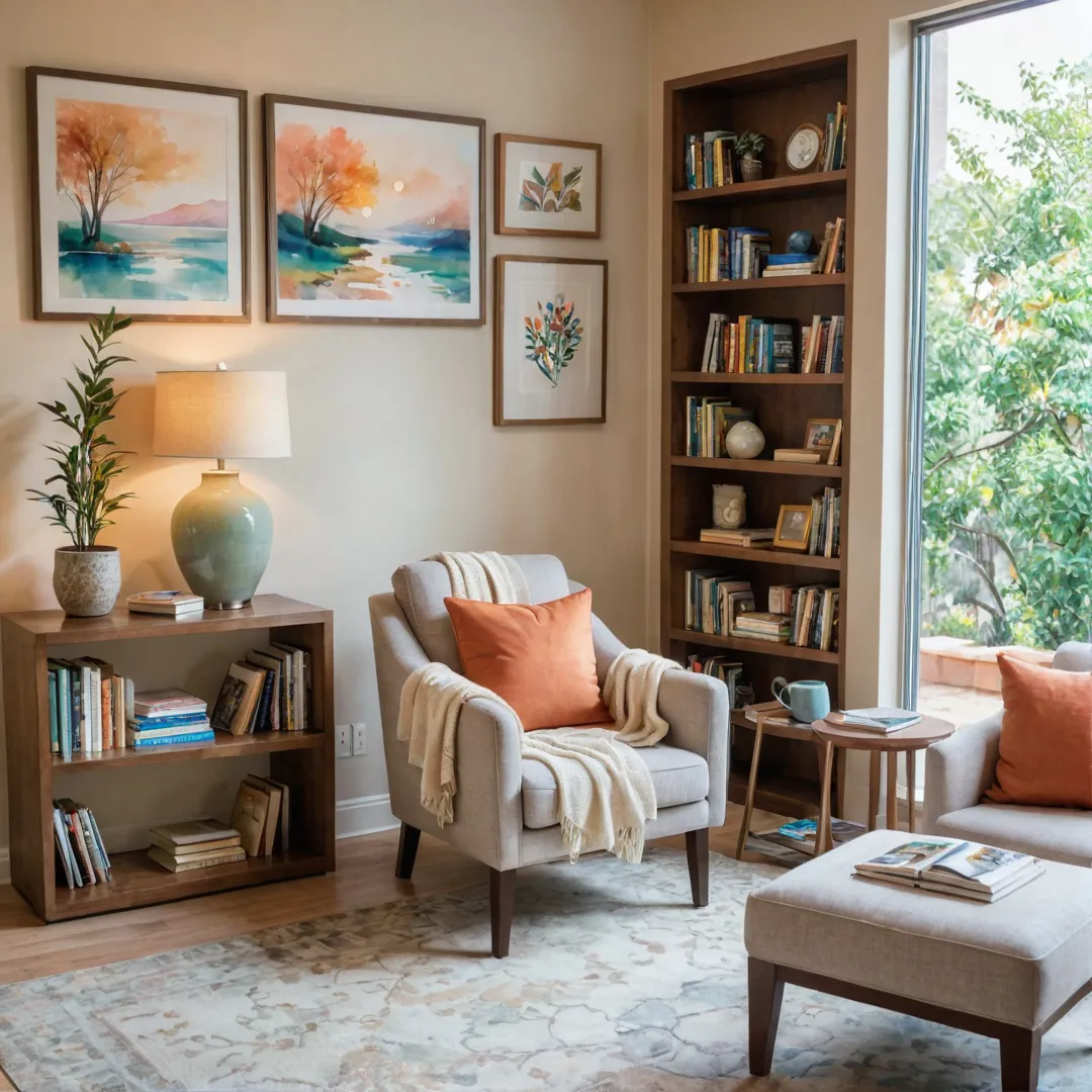 ozy reading corner, armchair, bookshelf, soft lighting, warm colors, inviting atmosphere, peaceful retreat, community gathering space, comfortable seating, stimulating environment