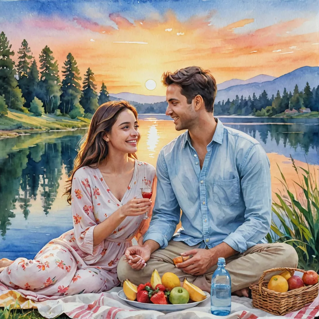 olorful watercolor painting of a young man and woman enjoying a picnic at sunset by the serene lake in Alita. They are laughing, sharing food, and appreciating nature's beauty. The scene is vibrant with warm colors reflecting off the calm water, while soft pastel hues paint the sky during this idyllic moment.