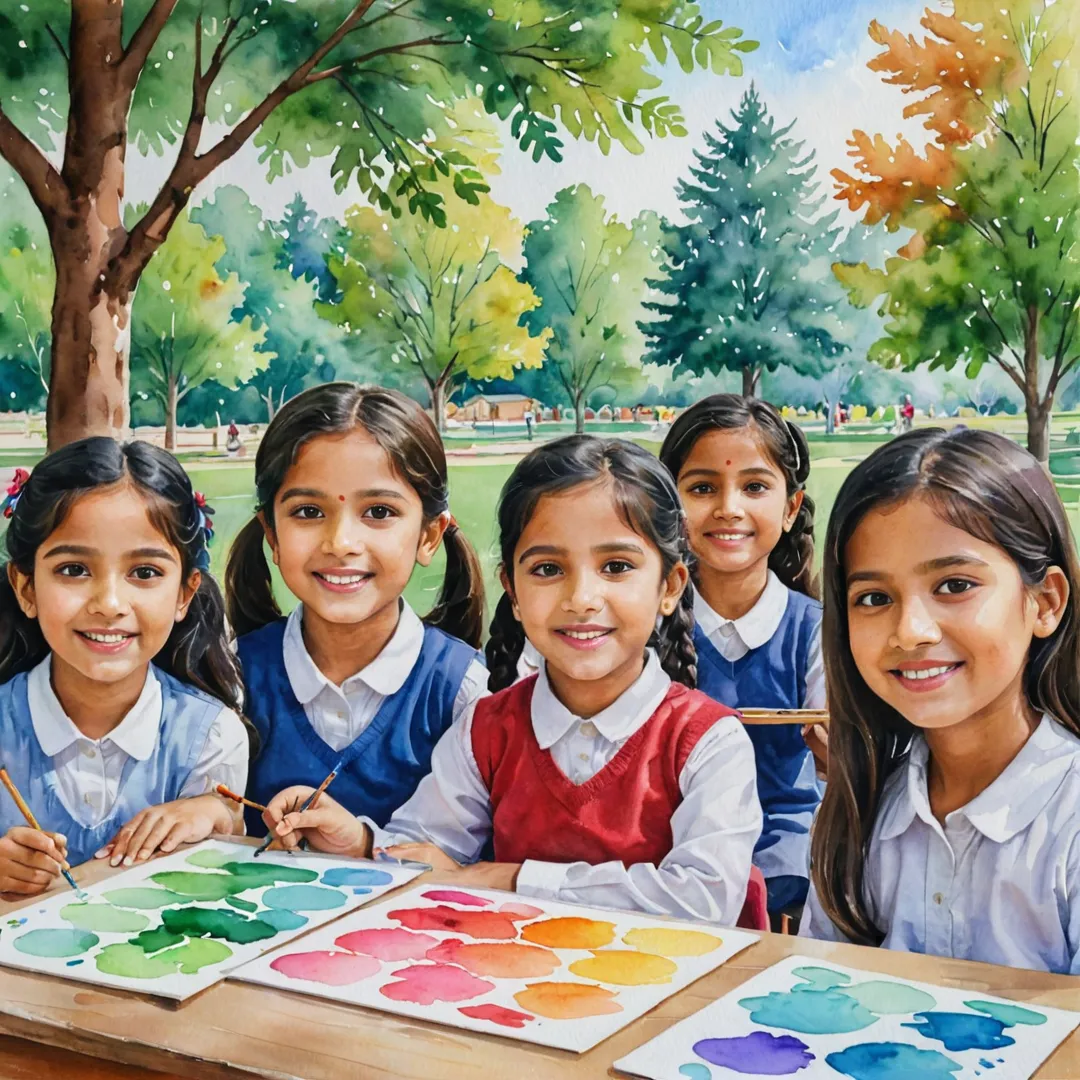 atercolor painting of a classroom, vibrant colors, children playing, happy teachers, diverse student population, outdoor learning area, trees in the background.