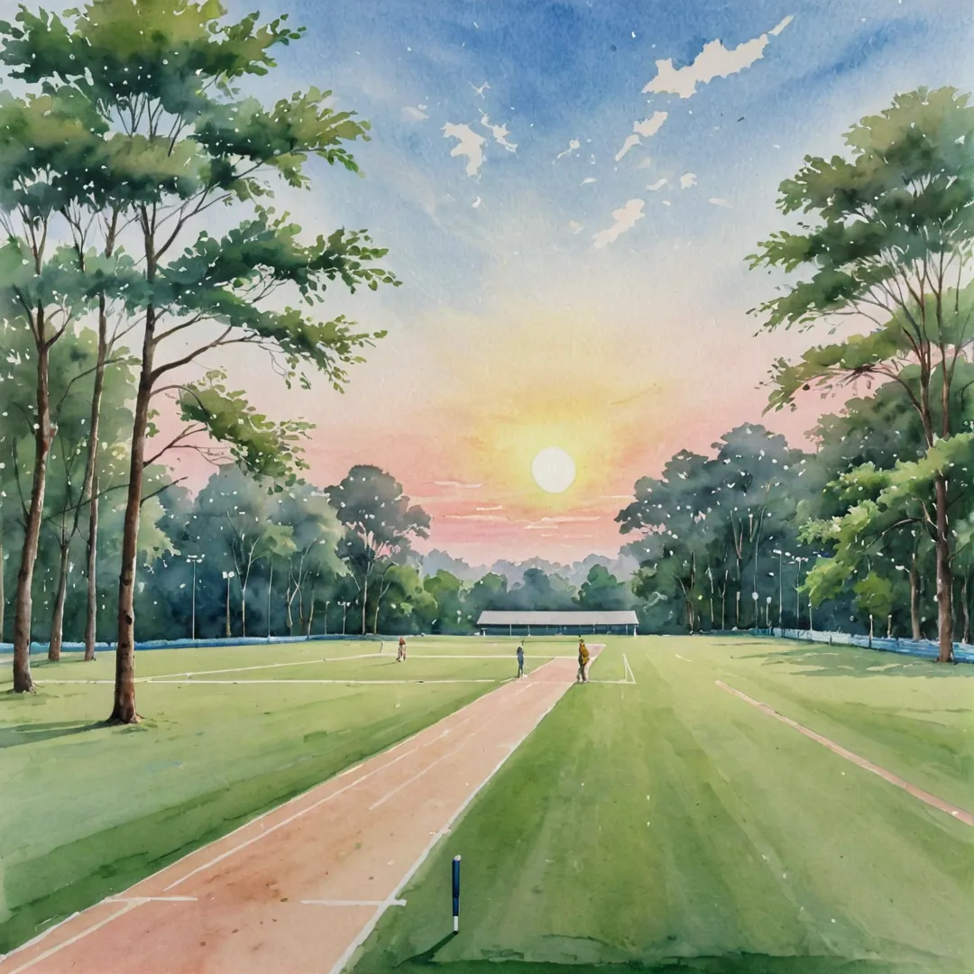 ater color painting of a serene landscape, featuring a lush green cricket pitch with a running track surrounding it. In the background, towering trees provide shade and create an ethereal atmosphere. The sky is painted with soft pastel colors, transitioning from light blue to warm pink tones as the sun sets over the horizon. A few people can be seen in the distance, engaged in various activities on the cricket pitch and running track, adding a sense of life and energy to the scene.