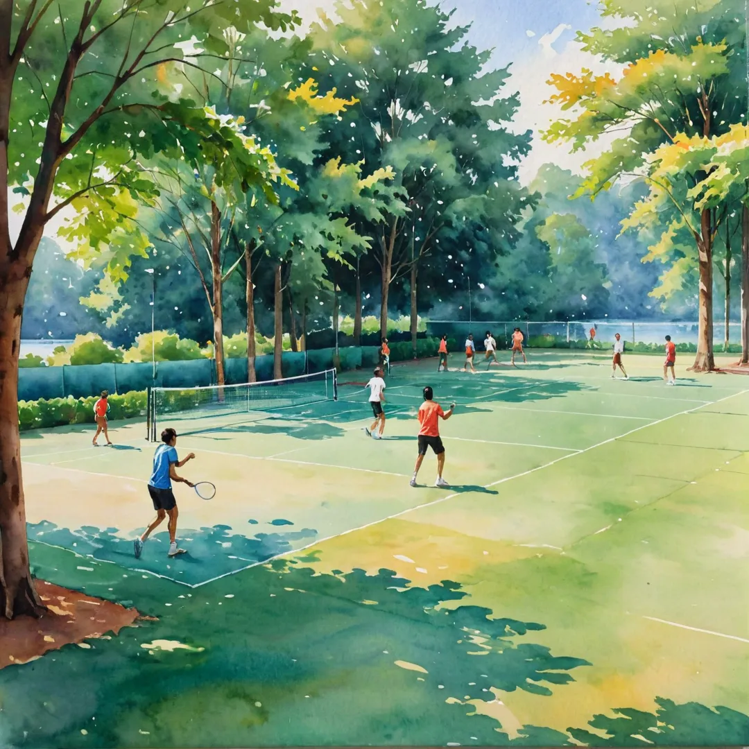 tercolor painting of a vibrant badminton court, filled with energetic players of various ages and backgrounds, engaged in friendly competition under the shade of towering trees, their movements creating a dynamic atmosphere as they skillfully maneuver around the colorful court. In the distance, a serene lake reflects the warm sunlight, adding to the idyllic setting of this active community.