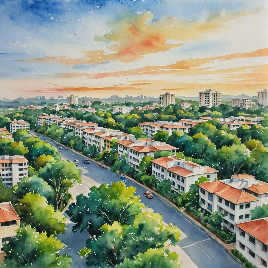 tercolor painting of a serene neighborhood in Bangalore, sunset casting warm hues over lush greenery, with the outline of a modern housing complex in the distance, featuring the project Alita, showcasing its proximity to top-notch hospitals and healthcare facilities. The image should convey the sense of tranquility, convenience, and well-being that living near these institutions provides.