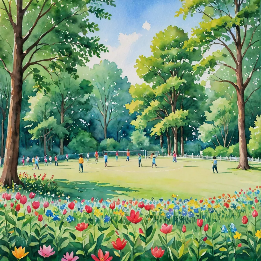 ater color painting of a lush green cricket ground with vibrant flowers in bloom, surrounded by tall trees and a clear blue sky. The scene captures children playing enthusiastically while their parents cheer them on from the sidelines. A sense of community and camaraderie fills the air as neighbors interact and bond over their shared passion for sports.