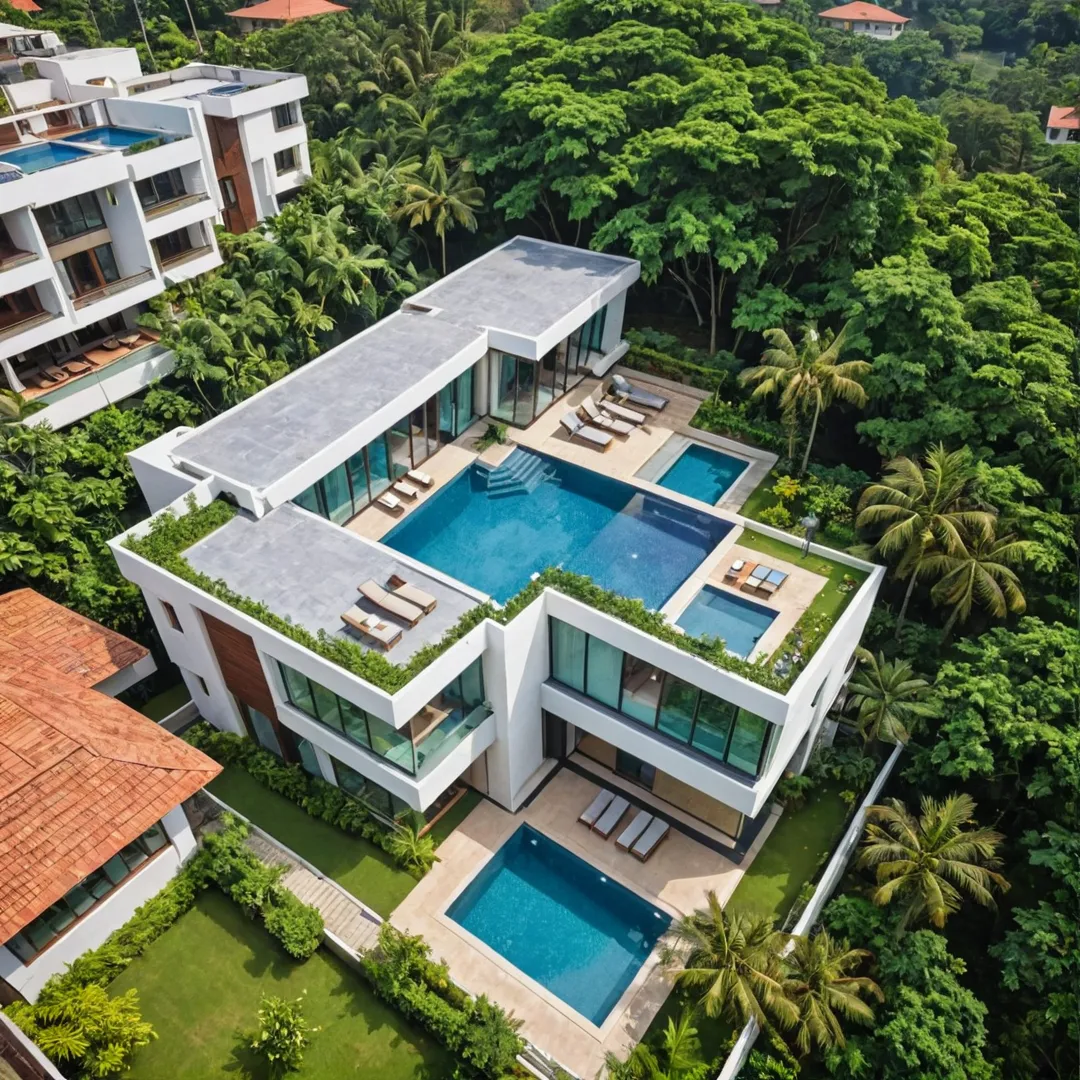 uxurious villa with a modern architecture, nestled in the lush greenery of Alita, Bangalore East. The image showcases an aerial view of the villa, capturing its sleek design and expansive outdoor areas. The warm sunlight reflects off the shiny swimming pool and manicured lawns, creating a serene atmosphere. In the background, one can see the bustling city life with tall buildings and busy streets, indicating both seclusion and accessibility in this prime location.