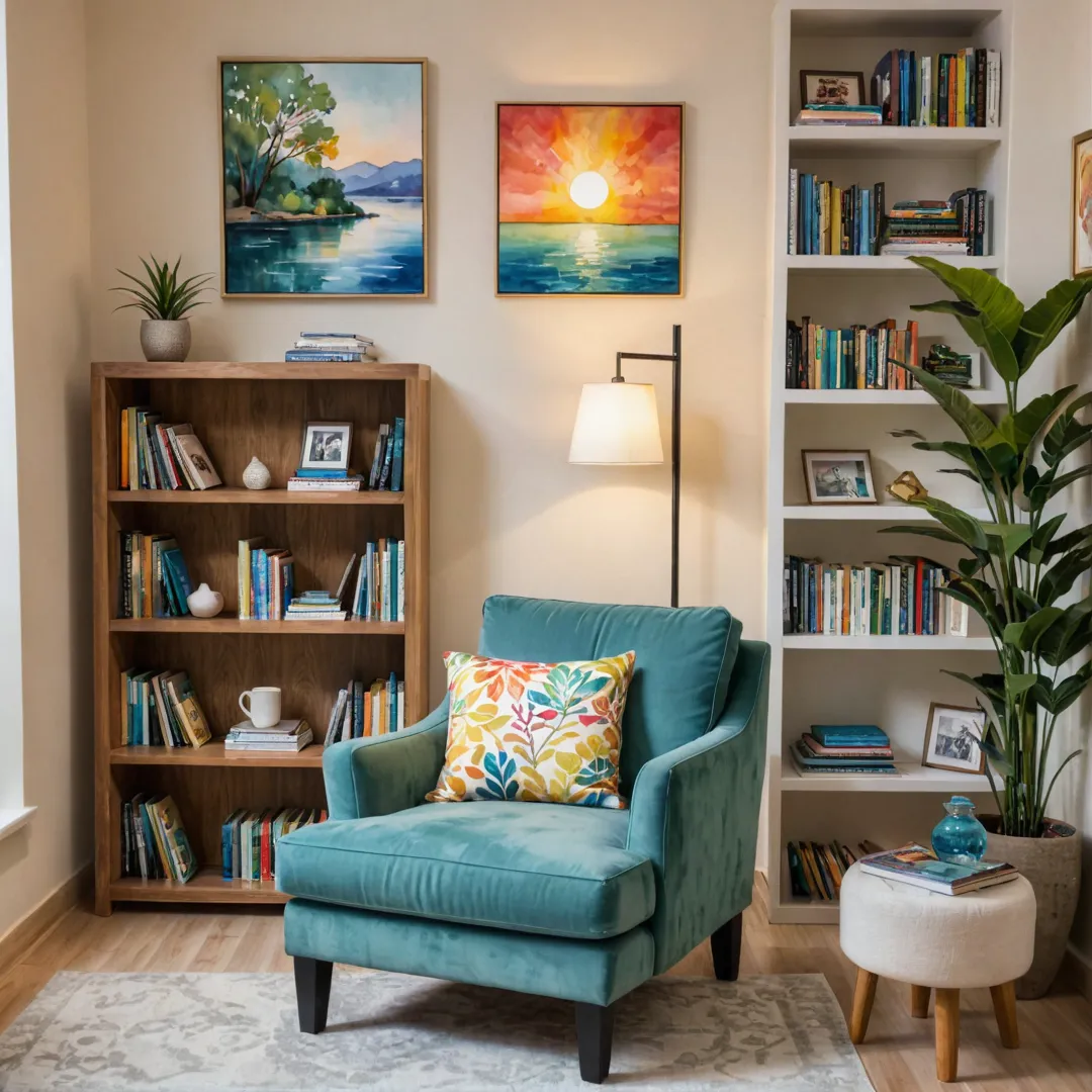 eading corner, bookshelf, cozy chair, warm lighting, serene environment, personal retreat, peaceful atmosphere, intellectual engagement, social interaction, community hub