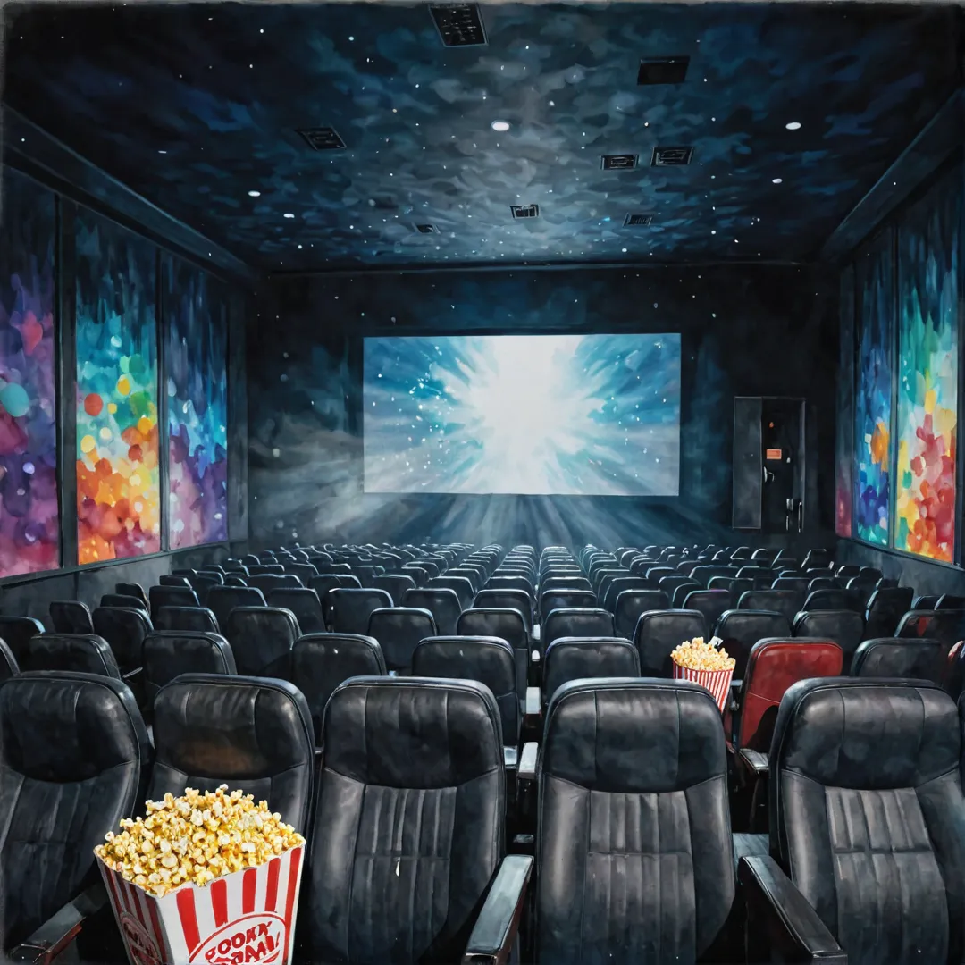 inema hall, seats, screen, popcorn, dark room, movie projector, light effects, audience engagement, close-up, excitement