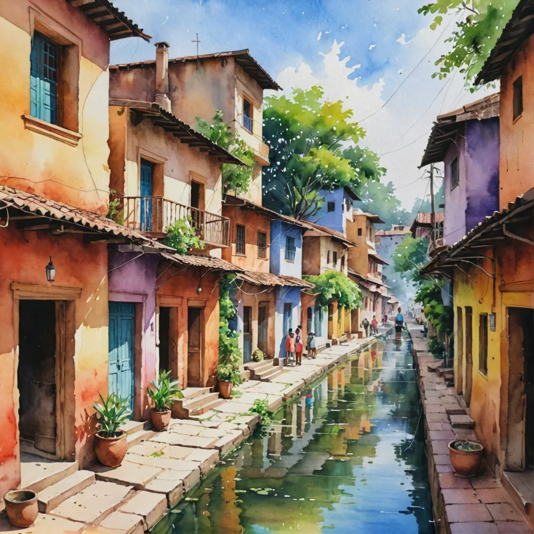 ater color painting of a traditional Indian village, vibrant colors, bustling streets, modern architecture blending with old buildings, community living, lush greenery, people enjoying the atmosphere, children playing in the streets, bright sunlight, warm tones