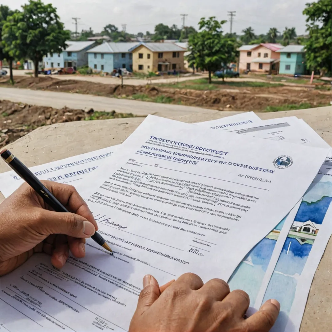  close-up of a person's hand signing legal documents related to property ownership or DC Conversion, with the Alita housing project in the background. The image should convey trustworthiness and professionalism while emphasizing the importance of verifying land rights before purchasing.