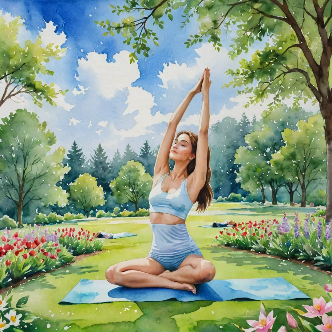 atercolor painting of a peaceful yoga session taking place in a lush, green park surrounded by trees and flowers. The scene captures the essence of wellness and serenity with individuals practicing various poses under a clear blue sky dotted with fluffy clouds. The watercolor effect adds softness and tranquility to the image, making it visually appealing while also conveying the message of health and harmony.