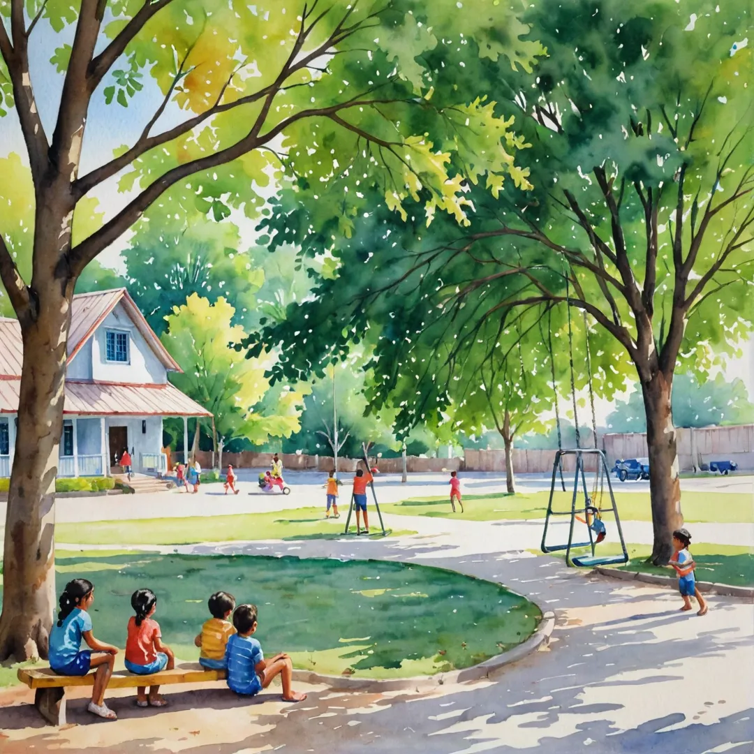 ater color painting of a peaceful scene outside an old-fashioned school, children playing on swings and slides, laughing under the shade of trees, parents watching from nearby benches, bright colors, serene atmosphere.