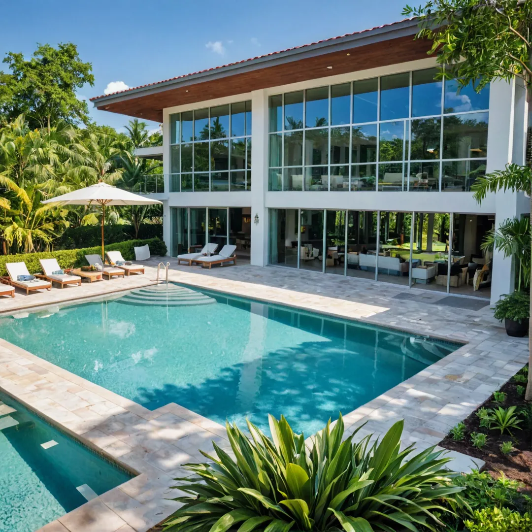 unny afternoon at Alita's outdoor living area, residents enjoying the scenic view of lush greenery and sparkling pool. The clubhouse in background showcases modern architecture with large glass panels allowing natural light to fill interior spaces.