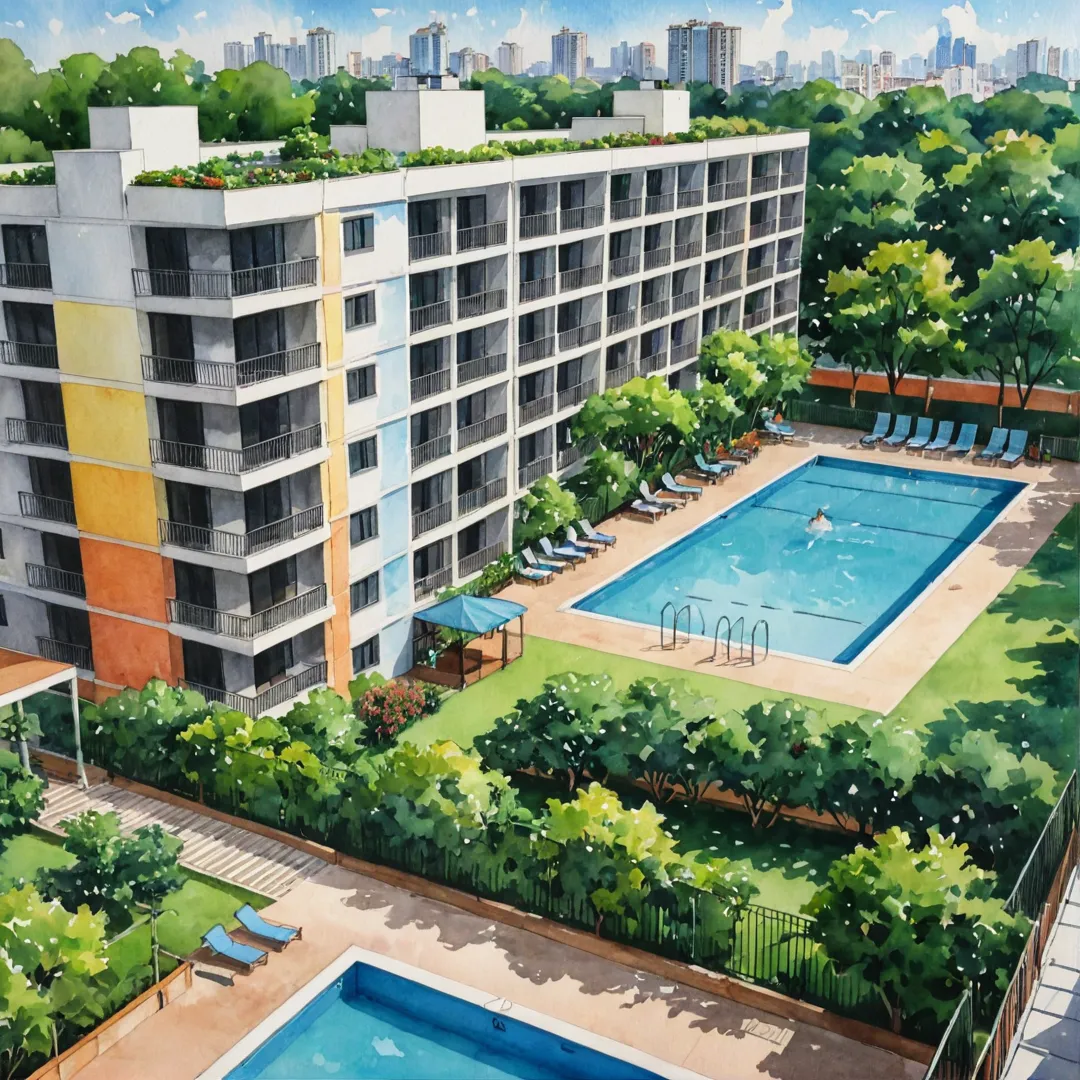 ibrant, lively, colorful, bustling, urban, modern, apartment complex, skyline, people, activities, greenery, amenities, swimming pool, badminton courts, clubhouse, workspace lounge, remote working, convenience, luxury, comfort, security.