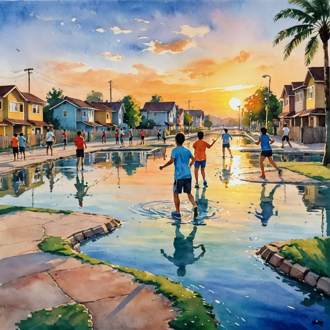 hoto of residents playing sports at sunset, happy and engaged in activity, vibrant colors, friendly competition, community spirit, outdoor recreation, Alita neighborhood