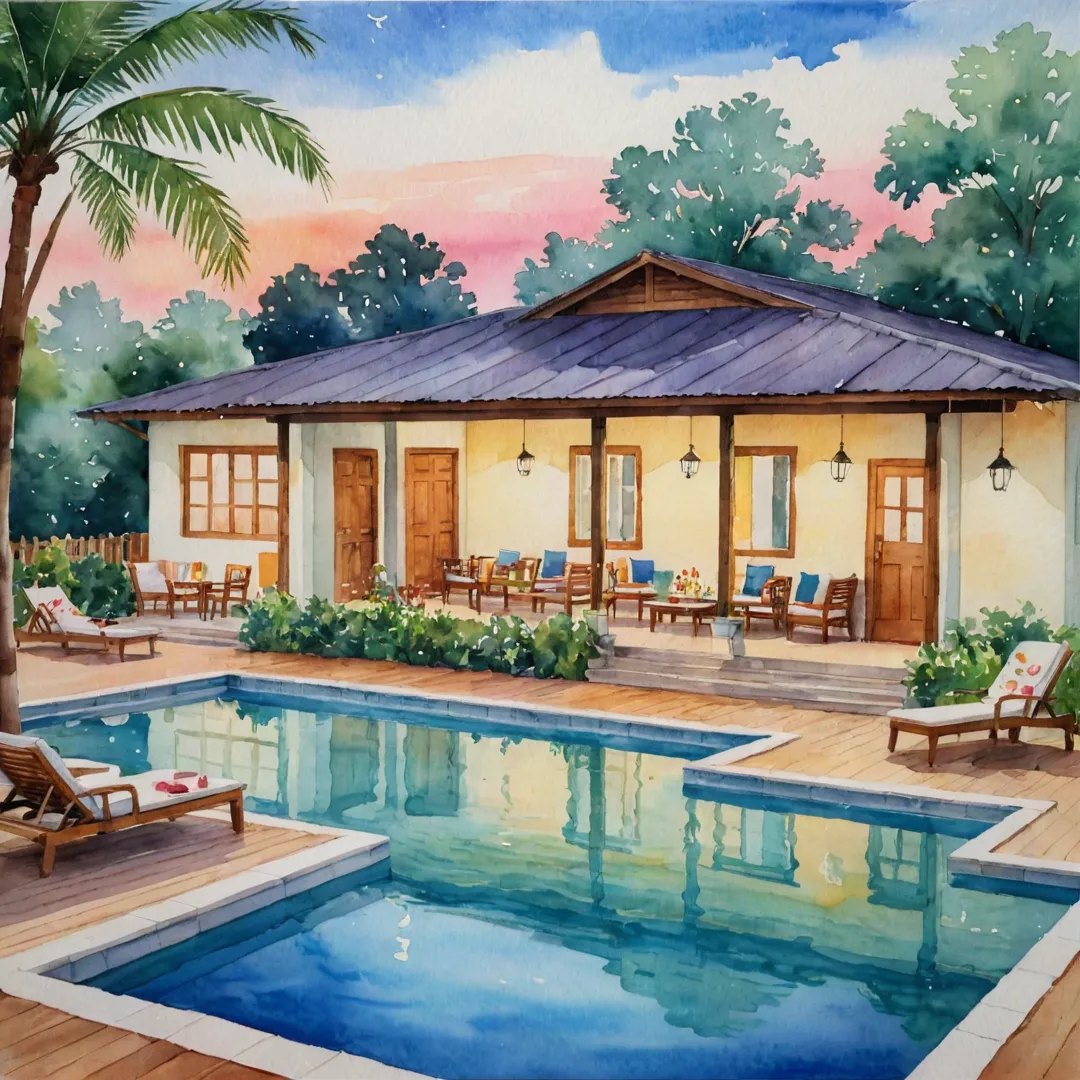 atercolor painting of a cozy clubhouse, warm lights, wooden furniture, residents socializing, games being played, people swimming in a pool, families enjoying time together.