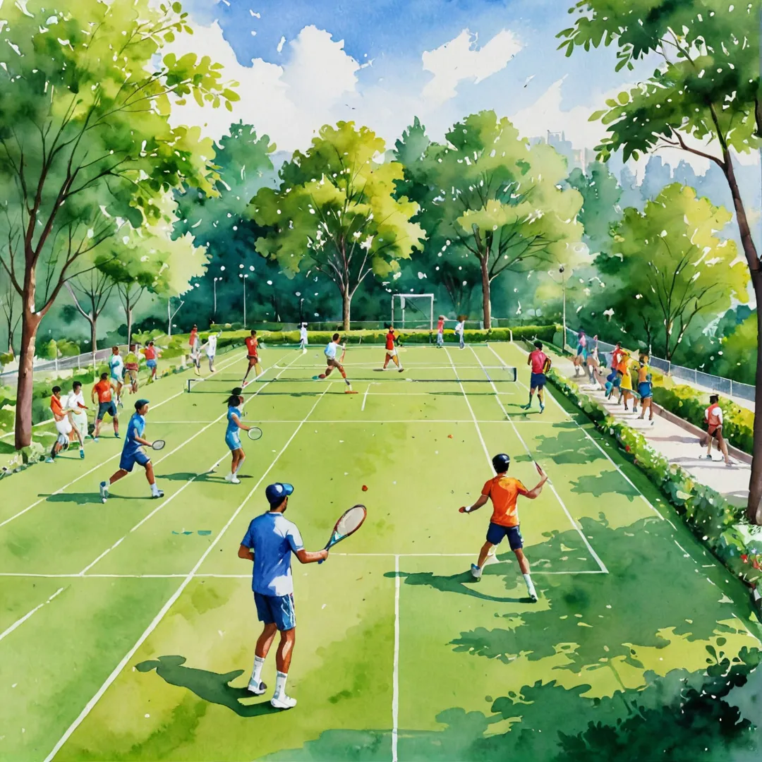 layful athletes engaging in various sports activities, surrounded by a lush green landscape and state-of-the-art facilities. The scene showcases harmonious blend of nature and urban design with colorful sports equipment and enthusiastic spectators cheering on from the sidelines.