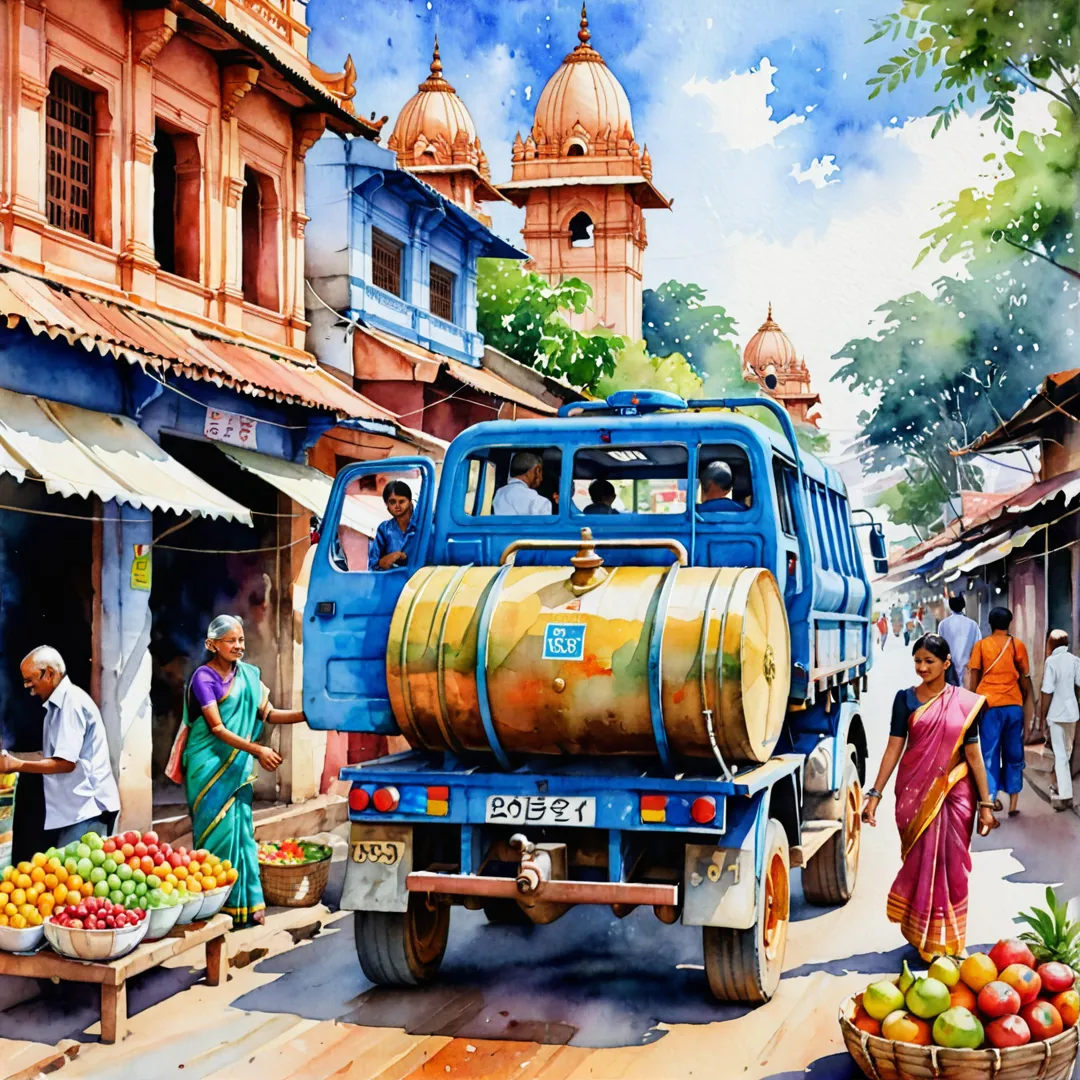 stling watercolor painting of a busy Bangalore market street, depicting the BWSSB water tanker delivering clean drinking water to an elderly man and young girl near a colorful fruit stall. The vibrant scene is enhanced by the traditional Indian architecture in the background, including temples and houses with red tile roofs. The image radiates warmth, happiness, and community spirit.