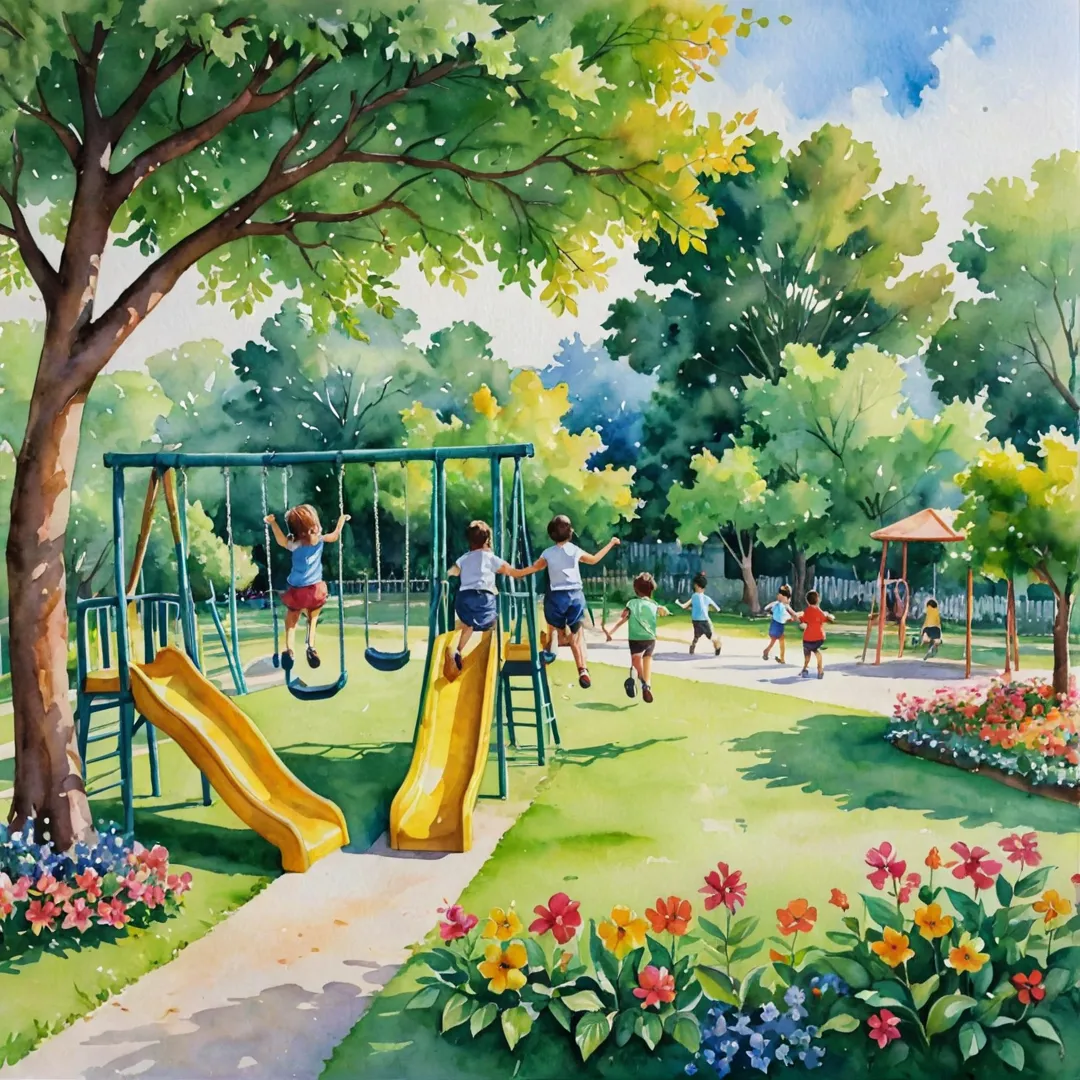 ater color painting of a playful school scene with children playing on swings and slides, surrounded by lush greenery and colorful flowers in the background. The sun shines brightly casting warm light on the children as they giggle and run around, creating a joyful atmosphere filled with learning and growth.