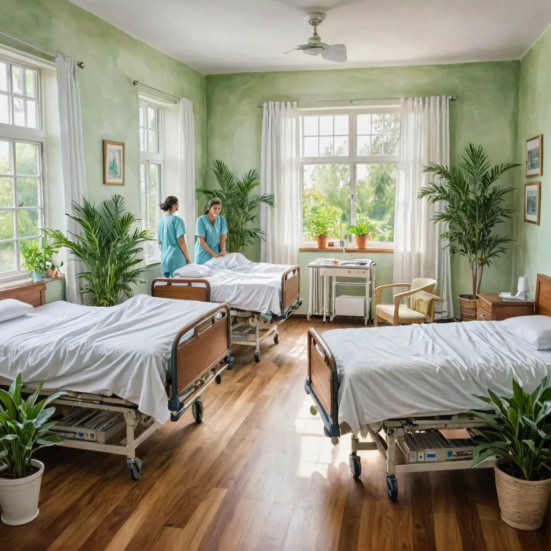 ter color painting of a small and cozy hospital ward, sunlight streaming through the windows, creating warm tones on the wooden floor. The room is filled with comfortable beds, each adorned with crisp white sheets and fluffy pillows, surrounded by lush green plants that add a touch of serenity to the space. A group of healthcare professionals, dressed in pastel-colored scrubs, are gathered around one of the beds, attentively listening to a patient's concerns. The atmosphere is calm and reassuring, exuding a sense of trust and care that patients seek in their healthcare providers.