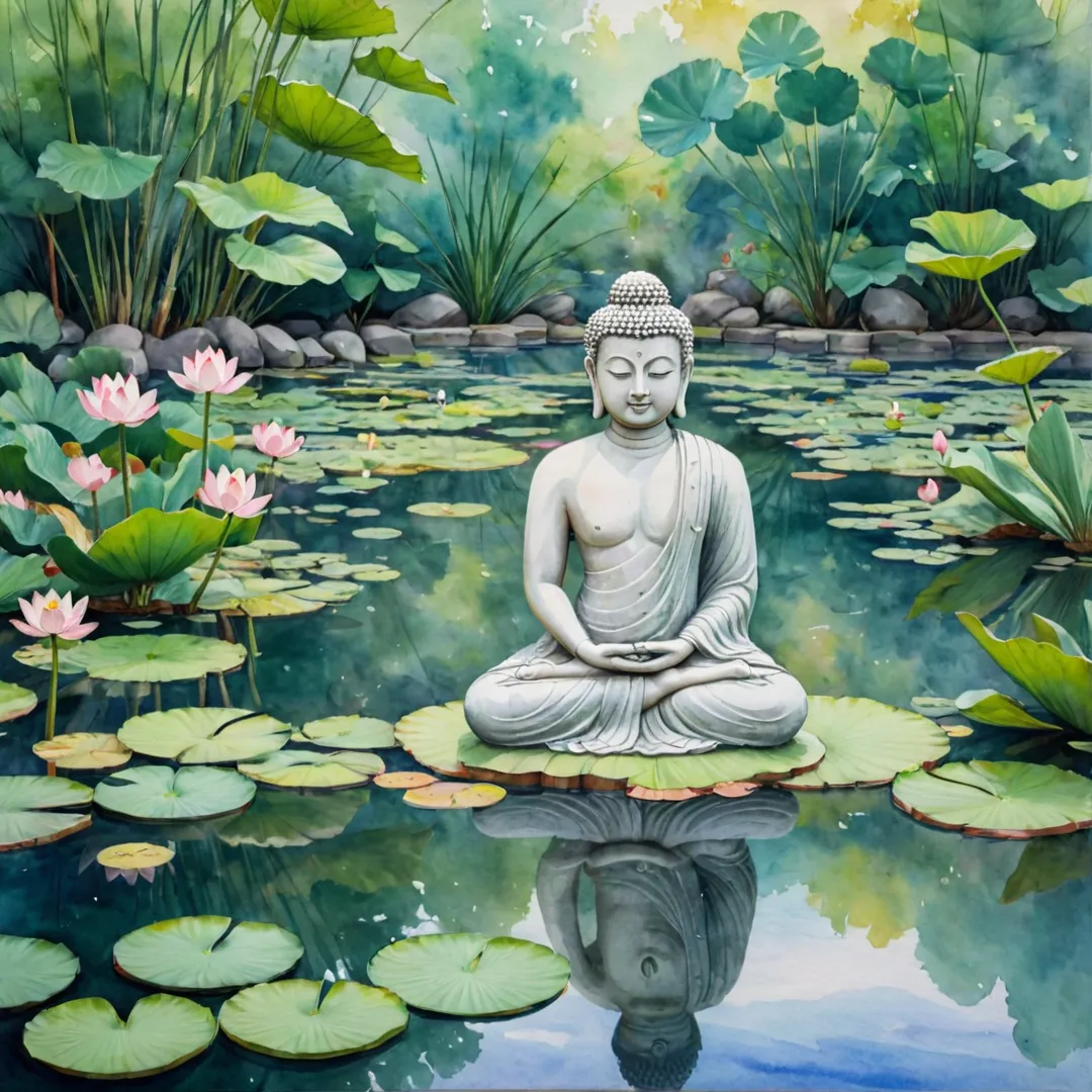 erene meditation scene, calm environment, zen garden, peaceful ambiance, greenery, lotus flower pond, Buddha statue, meditating figure, quietude, reflection