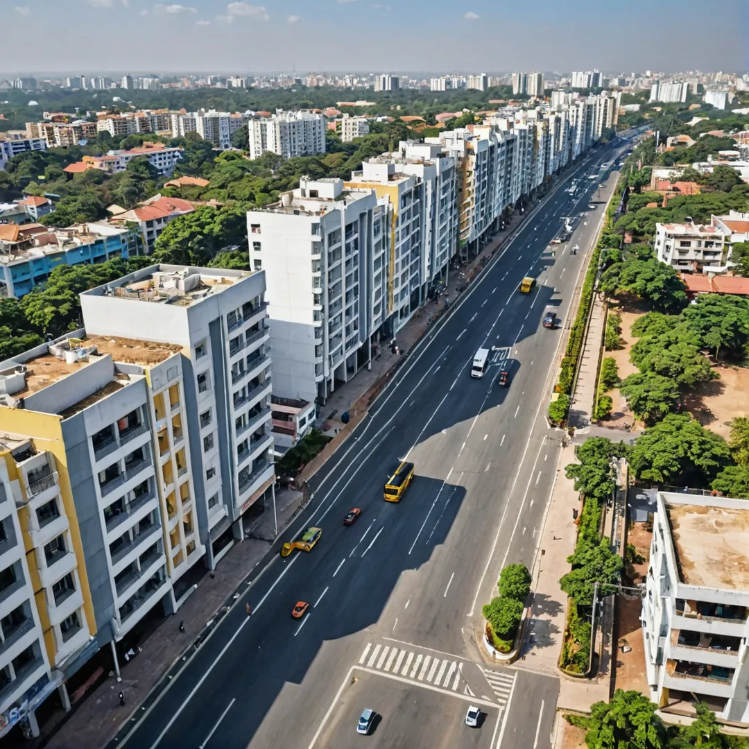 ighly detailed render of an infrastructure project in Bangalore, India. The scene showcases a bustling city with modern buildings and transportation systems. Alita stands out as a prominent residential development, offering luxurious living spaces and top-notch amenities. The image should depict the seamless connectivity provided by major roads and highways surrounding Alita, connecting it to important business districts like Whitefield. A sense of vibrancy and progress permeates the scene as people go about their daily lives amidst the rapid urban transformation taking place in East Bangalore.