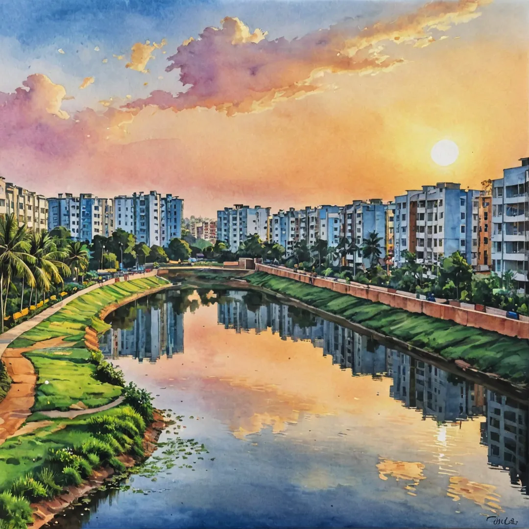 elaxing sunset scene near Whitefield, Bangalore with a residential community in the background. The image should showcase Alita's proximity to workplaces and focus on sustainability and community living.