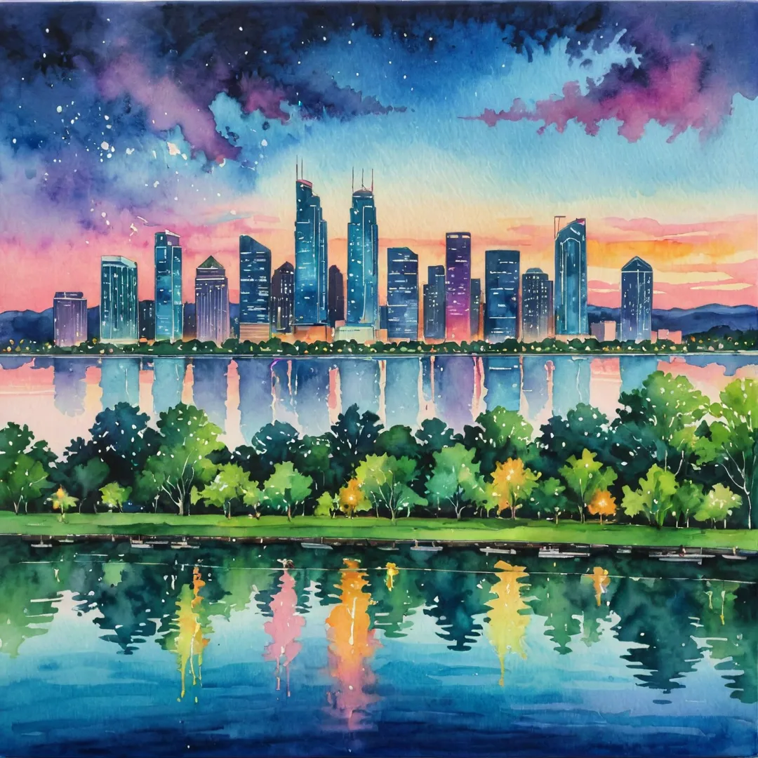 atercolor painting of a vibrant city skyline at dusk, featuring tall buildings and tech parks lit up in neon colors, surrounded by lush greenery and a serene lake in the foreground