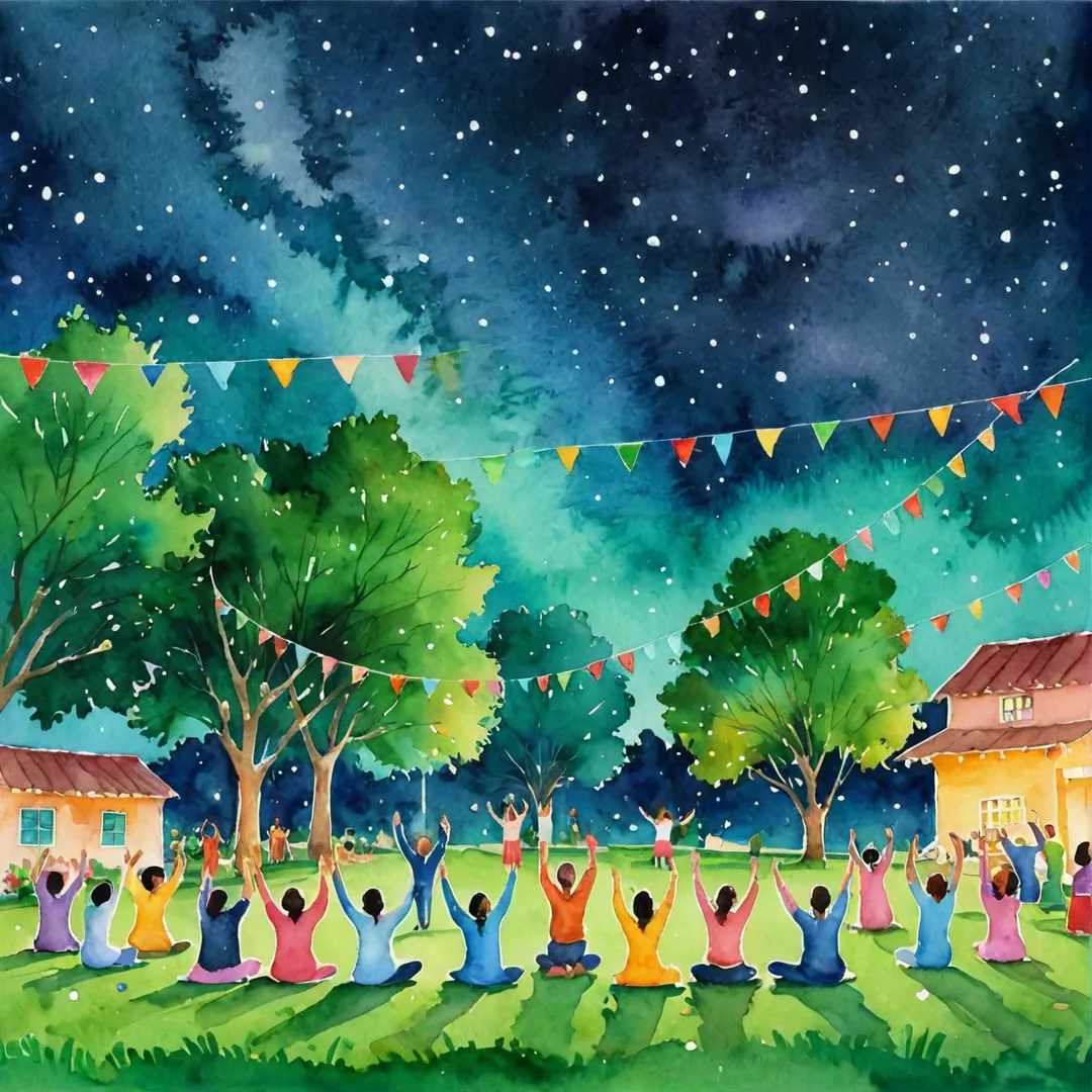 eople celebrating on a green lawn under the stars, colorful decorations, joyous atmosphere, laughter and music filling the air, watercolor painting style