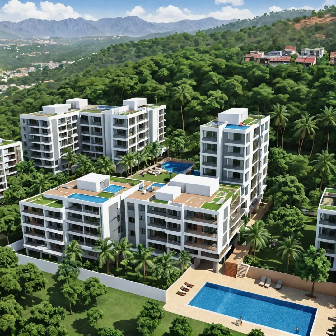 ender of Alita, a real estate project in Kacharakanahalli, near Soukya road. The image should showcase the development's modern architecture with various amenities such as swimming pools, gyms, and landscaped gardens. The background should include picturesque mountains, indicating its proximity to nature while still being close to Whitefield. The skyline should feature a mix of residential buildings and trees, creating an inviting atmosphere.