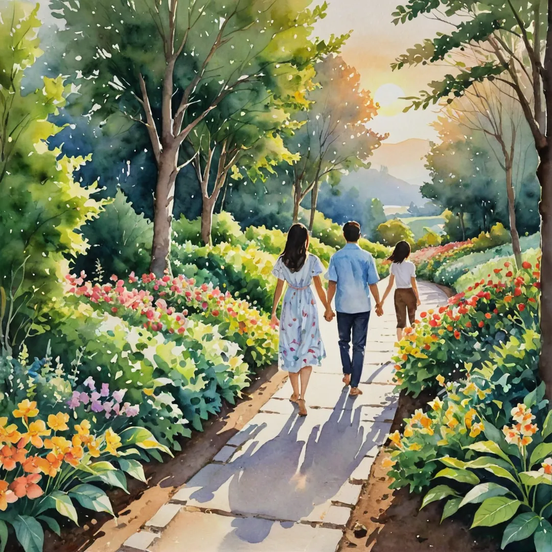 atercolor painting of a family walking along a picturesque pathway in Alita, hand-in-hand, as they explore the lush greenery and colorful flowers that surround them. The sun sets in the background, casting warm golden hues over their faces and clothing. In the distance, one can see a cozy community center where residents gather for social events and activities.