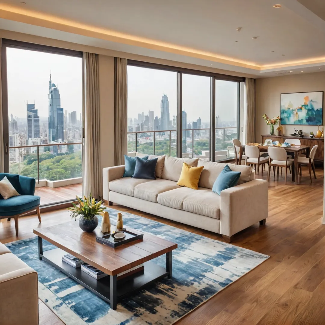 uxurious apartment interior, modern design, spacious living room, large windows, city skyline view, comfortable sofa, coffee table, artwork on walls, warm lighting, high-end decor, stylish dining area, wooden floors, open floor plan, cozy ambiance.