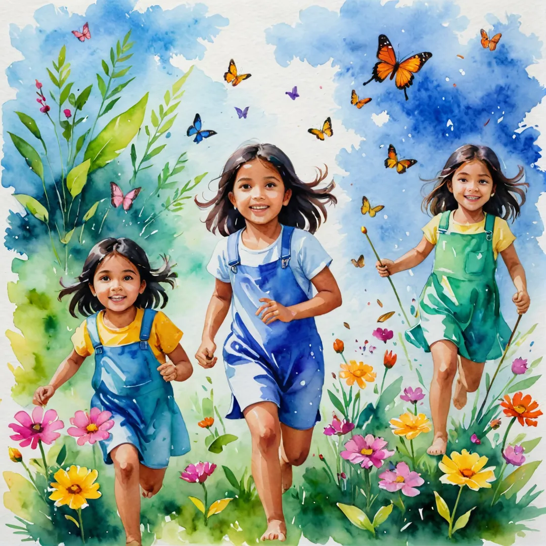 layful children at a watercolor painted school, exploring nature, colorful flowers and butterflies around them.