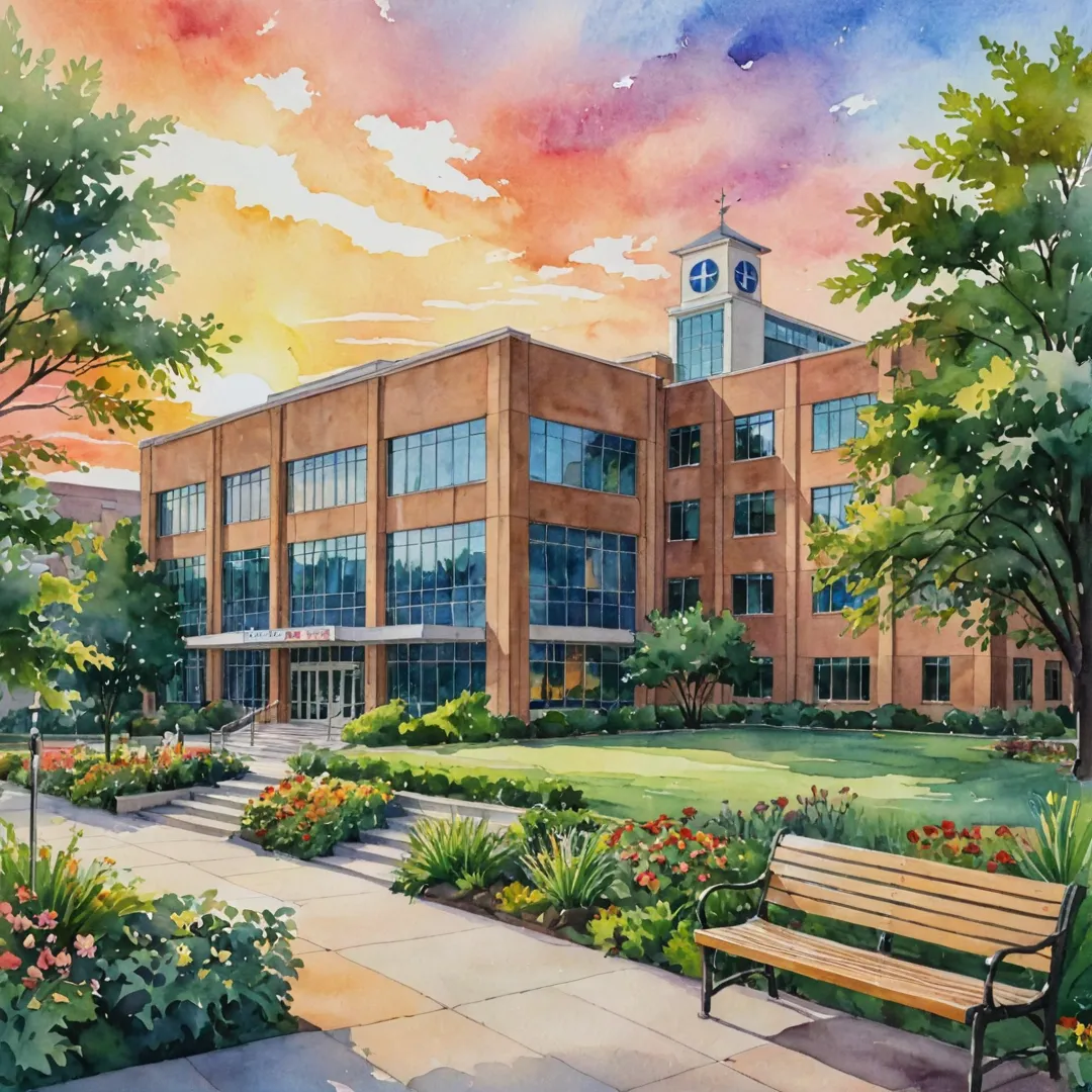 atercolor painting of a hospital exterior, beautiful sunset in background, peaceful scene, serene environment, warm colors, stained glass windows glowing, greenery surrounding the building, patients recuperating on benches near the entrance