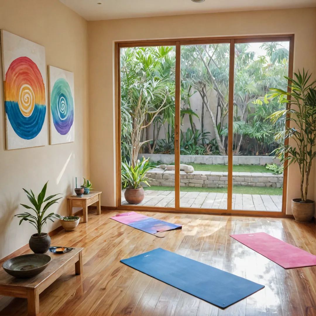 ater color painting of a tranquil yoga studio, set in the heart of Bangalore East. The room is bathed in warm natural light streaming through large windows, creating an atmosphere of calm and serenity. A group of individuals dressed in comfortable workout attire are practicing various poses on colorful yoga mats spread out across the polished wooden floor. The walls are adorned with vibrant paintings depicting peaceful landscapes and spiritual symbols, adding to the soothing ambiance. In the background, a calming water feature gently cascades into a stone basin, further enhancing the sense of harmony and wellbeing.