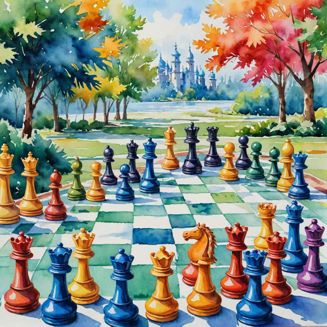 ibrant chess game, players strategically moving pieces, giant outdoor set, colorful landscape background, social interaction, friendly competition, watercolor painting style