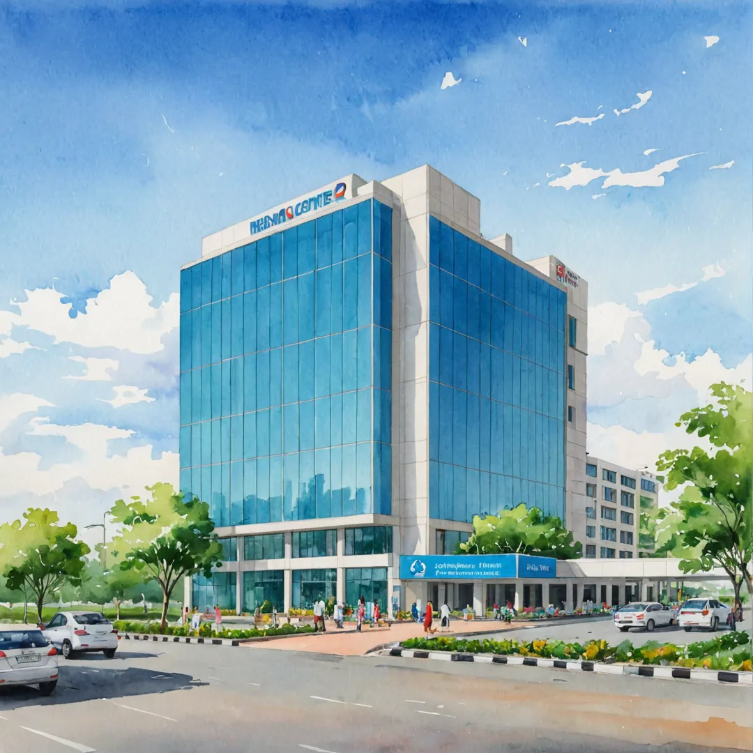 rofessional medical center exterior, modern architecture, spacious parking lot, vibrant signage, Bangalore skyline view, patients and staff walking around