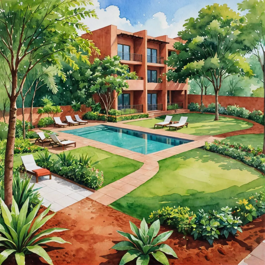 erene community living environment with red soil landscaping and lush greenery, featuring open spaces for socializing and shared workspaces.