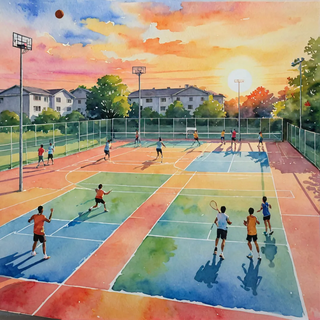 atercolor painting of a vibrant sports complex, highlighting the basketball and badminton courts. The scene depicts residents actively engaged in playful competition, with the sun setting in the background, casting warm colors across the landscape. The image evokes a sense of community spirit, physical well-being, and joyous camaraderie among the players.