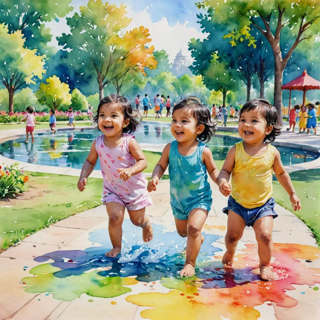 oddlers playing in a water color painted park, laughing and exploring, surrounded by vibrant colors, carefree atmosphere