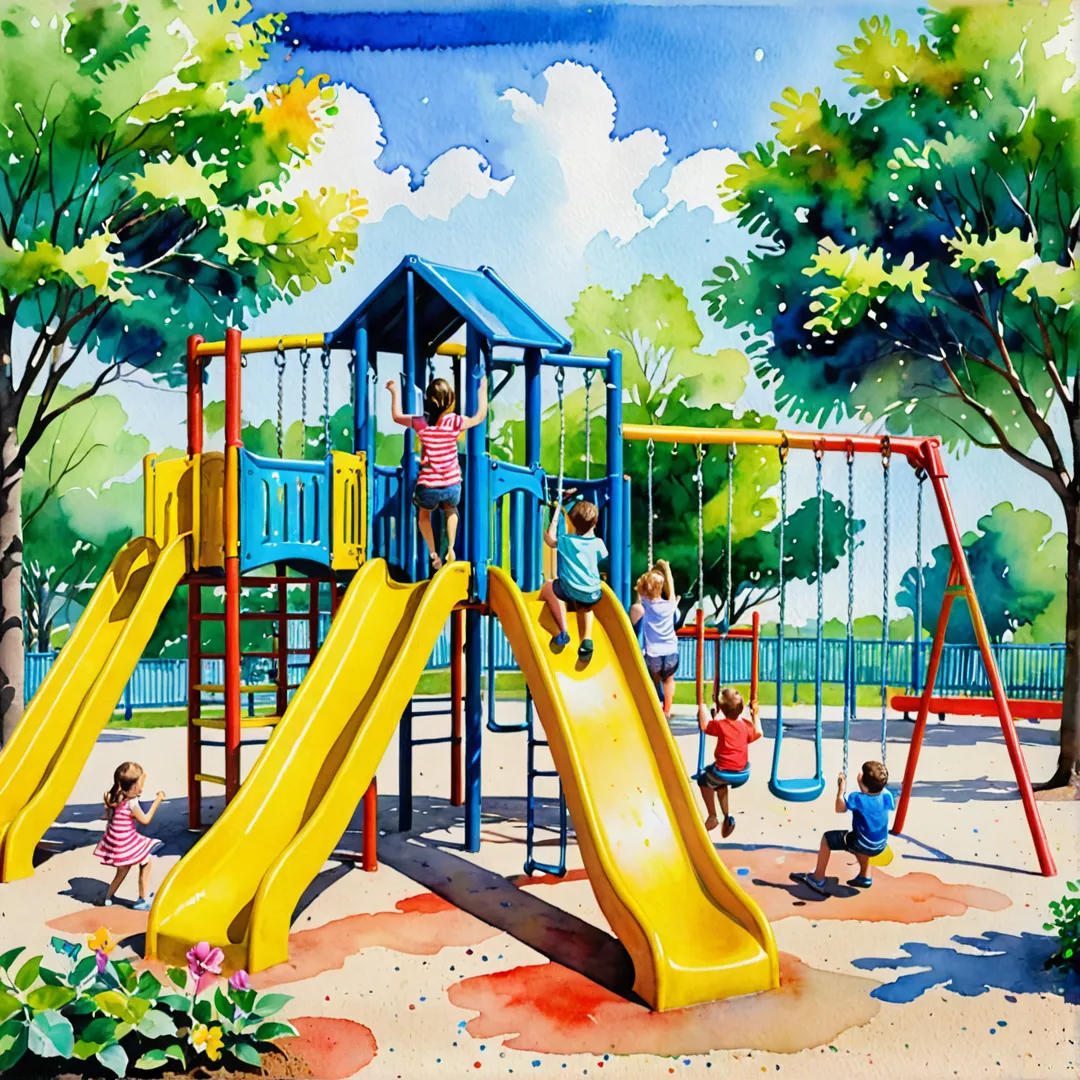 amily playing together in a vibrant water color painting, parents and children interacting on a playground with colorful swings, slides and climbing structures, surrounded by lush greenery and blue skies.