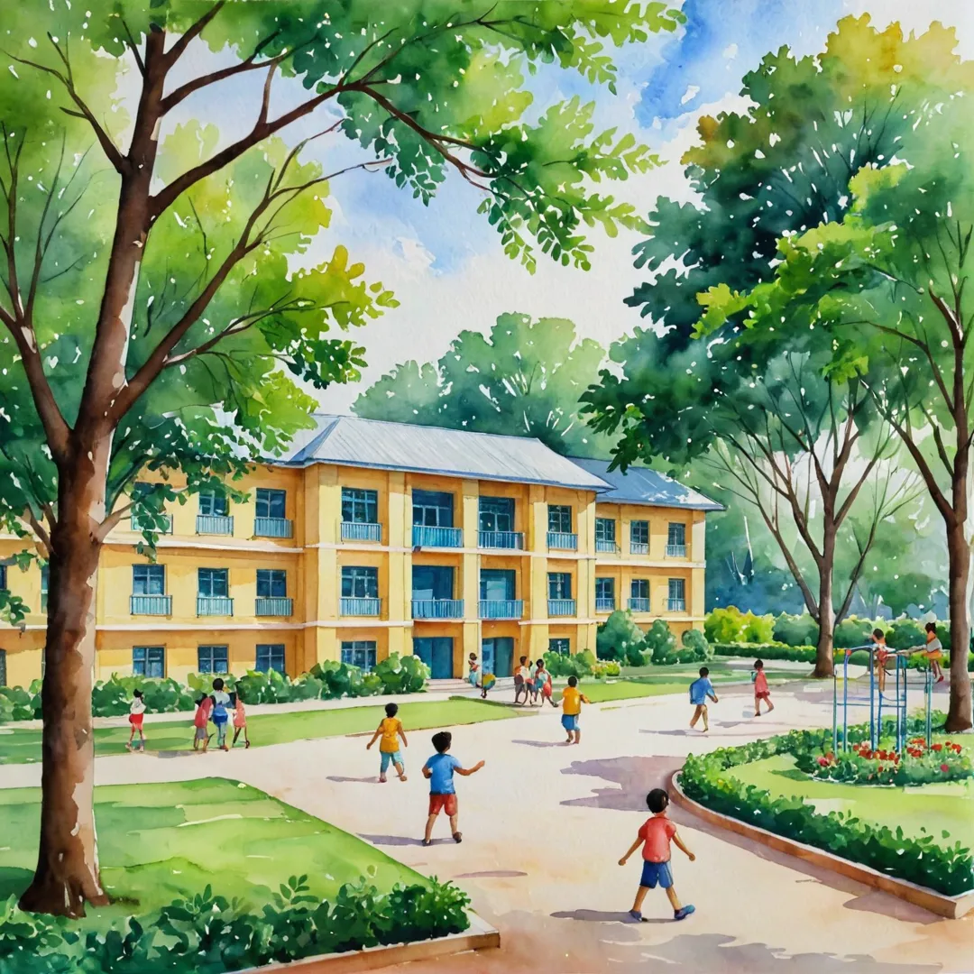 ater color painting of a beautiful school building with lush green surroundings and happy children playing in the playground, enjoying their education in the nurturing environment