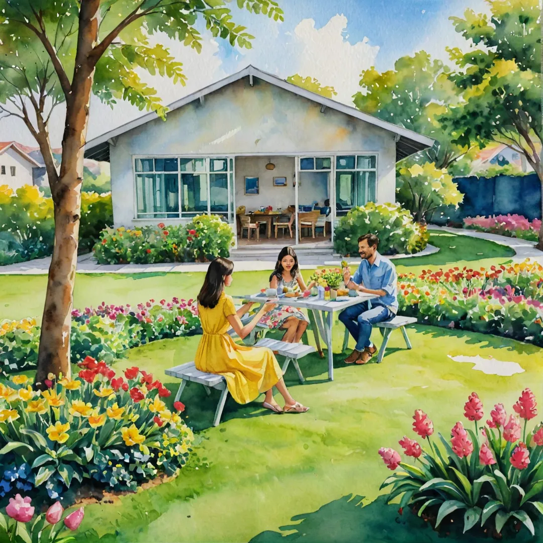 atercolor painting of a cozy picnic scene in Alita residential development, featuring two friends enjoying their meal on a lush green lawn. They are surrounded by vibrant flowers and tall trees that provide shade from the warm sunlight. The girl is wearing a yellow dress, while the boy has on a casual blue shirt. In the background, there's a colorful clubhouse with large windows and a rooftop garden. The air is filled with birds chirping, creating a peaceful and serene atmosphere for their leisurely afternoon.