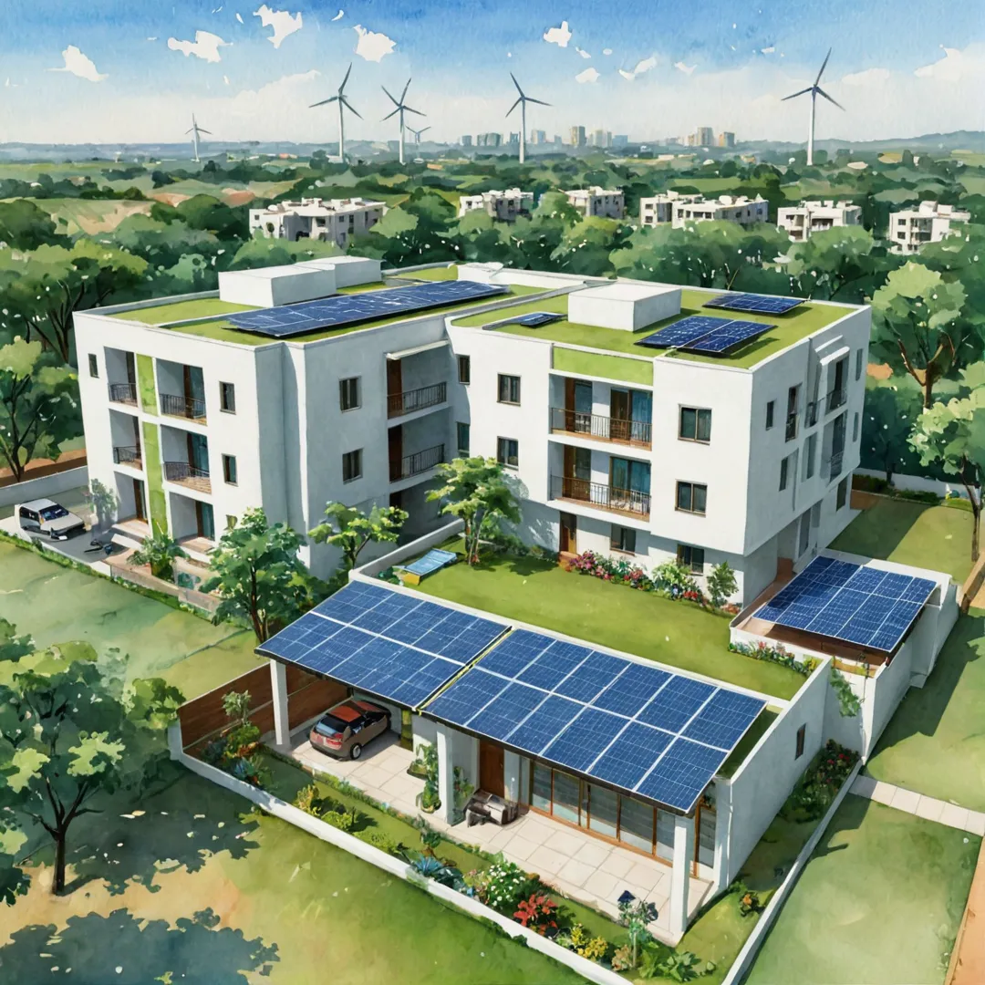 co-friendly home, sustainable living, open spaces, greenery, peaceful environment, natural beauty, Bangalore East, affordable housing, modern architecture, solar panels, wind turbines, recycling facilities, energy efficient design.