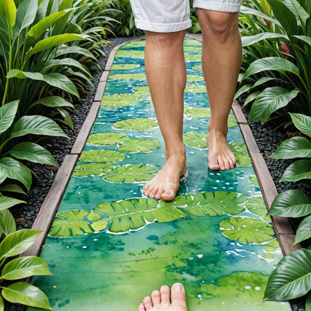  person walking on a reflexology walkway, surrounded by lush greenery and natural elements. The individual's feet are in contact with textured surfaces that stimulate pressure points, while they enjoy the calming atmosphere of the landscape design.