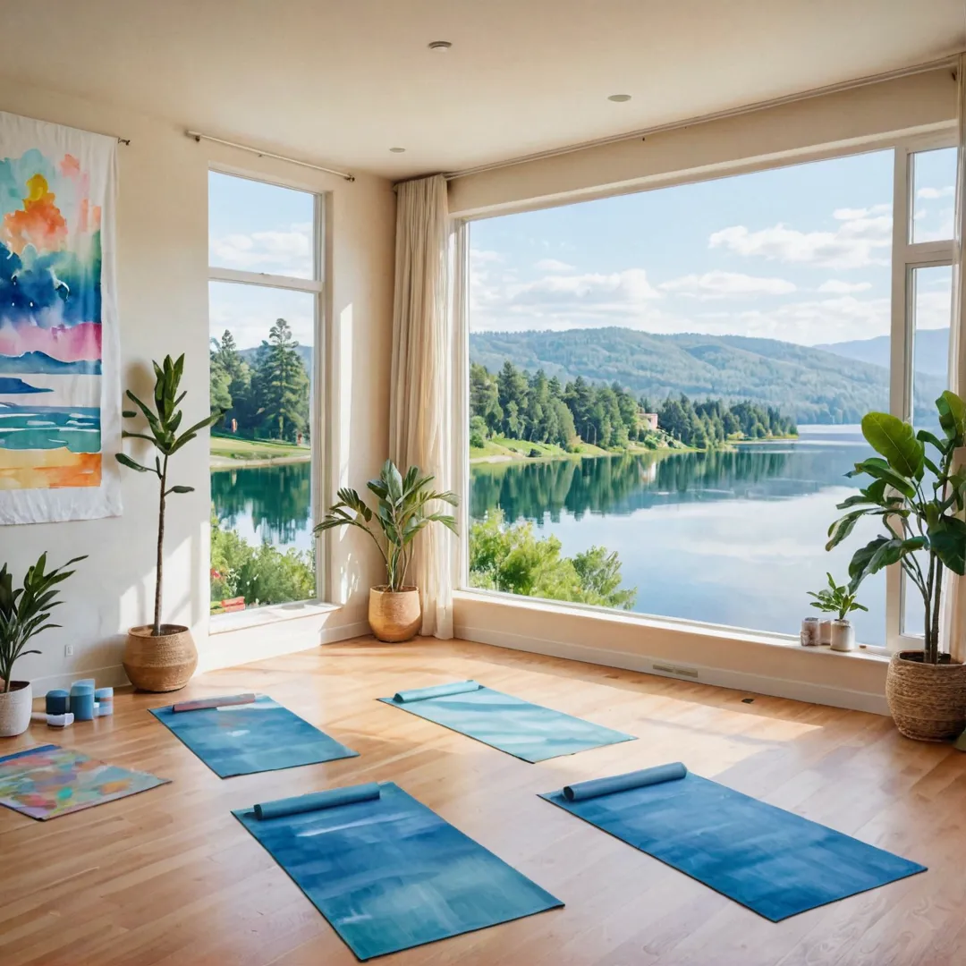 ibrant watercolor painting of a yoga studio with large windows, natural light flooding in, and calming greenery surrounding it. The studio is adorned with colorful tapestries and decorative pieces that add warmth to the environment. In the background, there's a gentle hill with a serene lake at its base, creating an idyllic setting for mindfulness and relaxation.